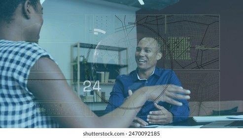 Image of data processing over over african american male and female discussing at office. Computer interface and business technology concept