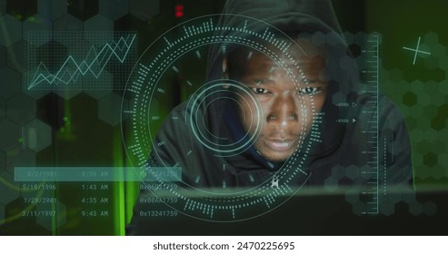 Image of data processing over african american male hacker in server room. Global business, security and digital interface concept digitally generated image.