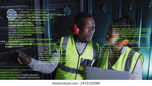 Image of data processing over african american male and female engineers working at server room. Computer interface and business data storage technology concept