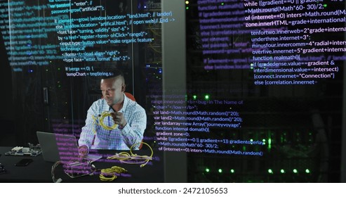 Image of data processing over african american male engineer with laptop working at server room. Computer interface and business data storage technology concept - Powered by Shutterstock