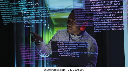 Image of data processing over african american male engineer with laptop working at server room. Computer interface and business data storage technology concept