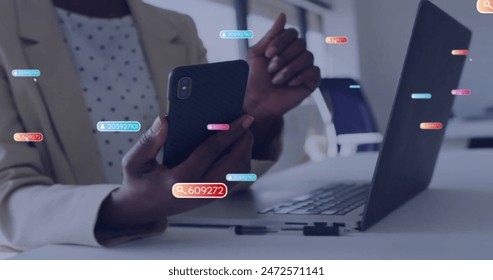 Image of data processing over african american businesswoman using smartphone in office. Global finance, business and data processing concept digitally generated image.
