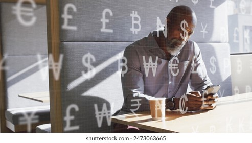 Image of data processing over african american businessman using smartphone. Global communication, business, computing and data processing concept digitally generated image.