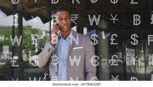 Image of data processing over african american businessman using smartphone. Global communication, business, computing and data processing concept digitally generated image.