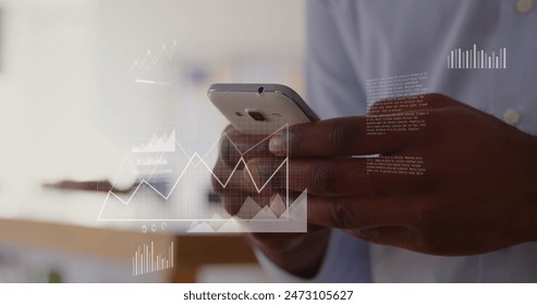 Image of data processing over african american man using smartphone. Global business and digital interface concept digitally generated image.