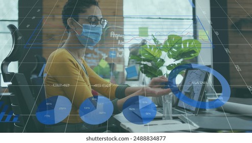 Image of data processing over african american women wearing face mask using smartphone. Global science, connections, data processing and digital interface concept digitally generated image.