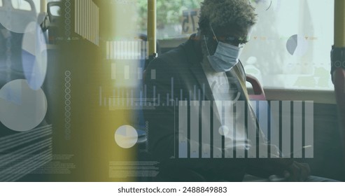 Image of data processing over african american men wearing face mask using smartphone. Global science, connections, data processing and digital interface concept digitally generated image.