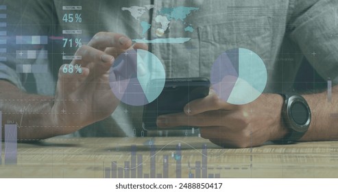 Image of data processing over african american men wearing face mask using smartphone. Global science, connections, data processing and digital interface concept digitally generated image.