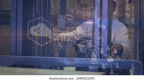 Image of data processing over african american male worker in warehouse. Global business and digital interface concept digitally generated image.