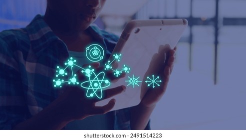 Image of data processing over african american female student using tablet. Global education, learning, school, digital interface and data processing concept digitally generated image.