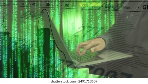 Image of data processing over african american man using laptop by computer servers. Global computing, digital interface and data processing concept digitally generated image.