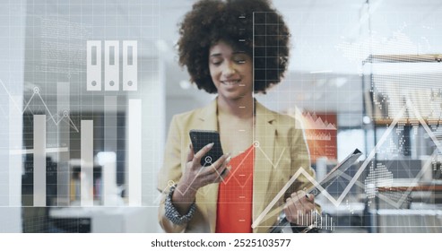 Image of data processing over african american businesswoman using smartphone in office. Global business, finances, computing and digital interface concept digitally generated image.