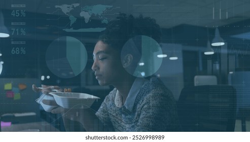 Image of data processing over african american businesswoman eating in office. global business, computing and digital interface concept digitally generated image.