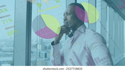 Image of data processing over african american businessman thinking. global business, finances, connections and digital interface concept digitally generated image.