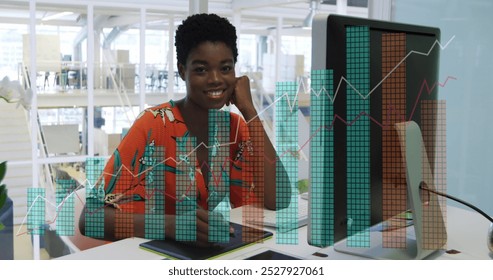 Image of data processing over african american businesswoman in office. Global business, finances and digital interface concept digitally generated image.