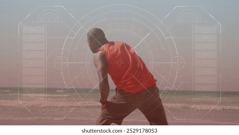 Image of data processing over african american man exercising at beach. health and fitness concept digitally generated image.