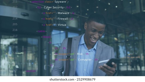 Image of data processing over african american businessman talking on smartphone. Business, communication, technology, computing and digital interface concept digitally generated image.