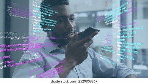 Image of data processing over african american businessman talking on smartphone. Business, communication, technology, computing and digital interface concept digitally generated image.