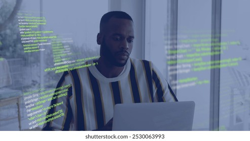 Image of data processing over african american businessman in office. Global business, connections, digital interface, computing and data processing concept digitally generated image.