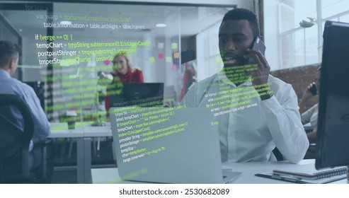 Image of data processing over african american businessman using smartphone. Global finance, business, connections, computing and data processing concept digitally generated image.