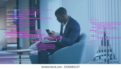 Image of data processing over african american businessman using smartphone. Global finance, business, connections, computing and data processing concept digitally generated image. - Powered by Shutterstock - Get 15% off with code: PIKWIZARD15