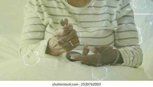 Image of data processing over african american senior woman using epipen. Global medicine, connections, computing and data processing concept digitally generated image. - Powered by Shutterstock