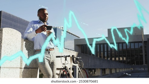Image of data processing over african american man using smartphone. Global business, finances, cloud computing and data processing concept digitally generated image.