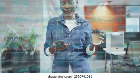 Image of data processing over african american businesswoman working in office. Global business and digital interface concept digitally generated image.