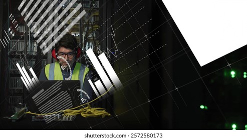 Image of data processing over african american male it engineer by computer servers. Global finance, business, connections, computing and data processing concept digitally generated image.