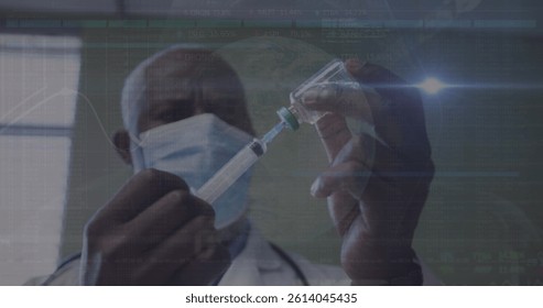 Image of data processing over african american male doctor with face mask with vaccine. global medicine and data processing during covid 19 pandemic concept digitally generated image.