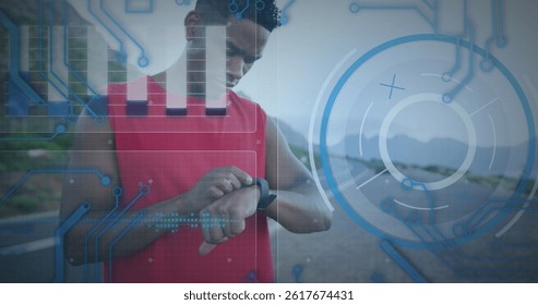 Image of data processing over african american male runner with smartwatch. global sport and digital interface concept digitally generated image. - Powered by Shutterstock - Get 15% off with code: PIKWIZARD15