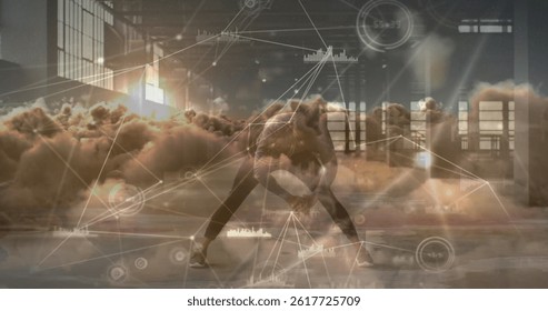 Image of data processing over african american sportsman exercising. global sport and digital interface concept digitally generated image.
