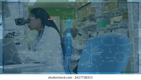 Image of data processing over african american female scientist in lab. global science and digital interface concept digitally generated image.
