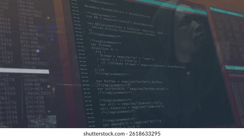 Image of data processing over african american male hacker in server room. global business, cloud computing and digital interface concept digitally generated image. - Powered by Shutterstock - Get 15% off with code: PIKWIZARD15