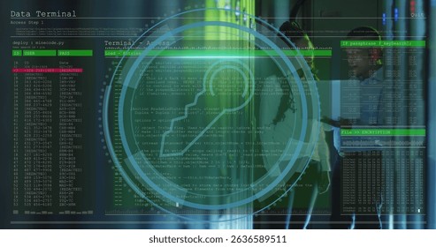 Image of data processing over african american workers in server room. Global business and digital interface concept digitally generated image.