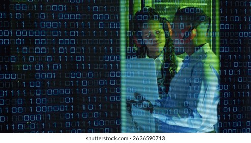 Image of data processing over african american couple server room workers using headphones. Cloud computing concept digitally generated image.