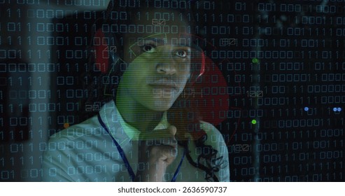 Image of data processing over african american female server room worker using headphones. Cloud computing concept digitally generated image.
