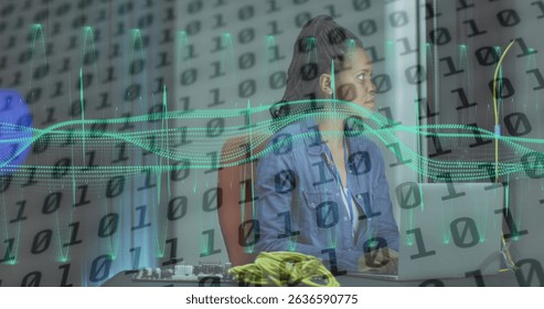 Image of data processing over african american female server room worker using laptop. Cloud computing concept digitally generated image.