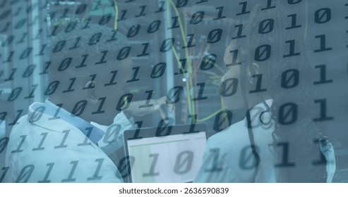 Image of data processing over african american couple server room workers. Cloud computing concept digitally generated image.