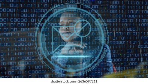 Image of data processing over african american female worker in server room. Global business and digital interface concept digitally generated image.