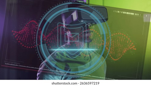Image of data processing over african american man with vr headset. Global business and digital interface concept digitally generated image.