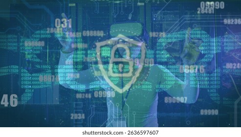 Image of data processing over african american female server room worker using vr headset. Cloud computing concept digitally generated image.