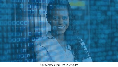 Image of data processing over african american female server room worker. Cloud computing concept digitally generated image.