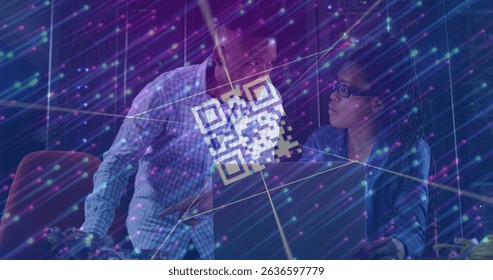 Image of data processing over african american couple server room workers using laptop. Cloud computing concept digitally generated image.