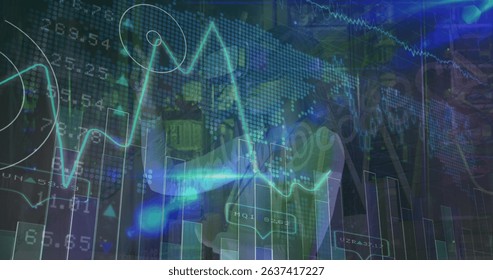 Image of data processing over african american woman using vr headset. Global business and digital interface concept digitally generated image.
