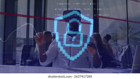 Image of data processing over african american businessman using vr headset. Computer security day and celebration concept digitally generated image.