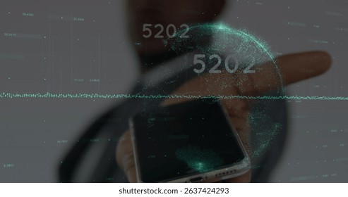 Image of data processing over african american businessman with smartphone. Global business and digital interface concept digitally generated image.