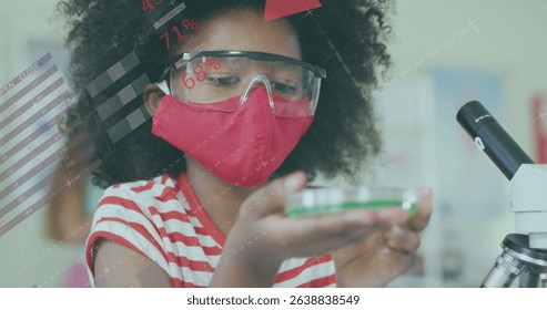 Image of data processing over african girl wearing face mask using smartphone. Global science, connections, data processing and digital interface concept digitally generated image.