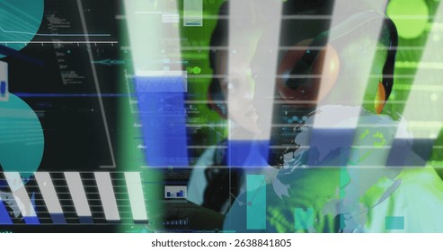 Image of data processing over african american workers in server room. Global business and digital interface concept digitally generated image.