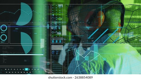 Image of data processing over african american workers in server room. Global business and digital interface concept digitally generated image.